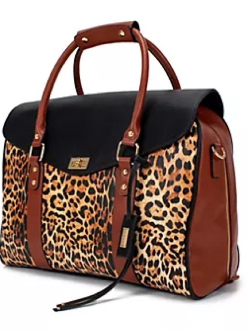 Badgley Mischka Leopard Print Leather Satchel Black Brown Accents weekender bag - Picture 3 of 15